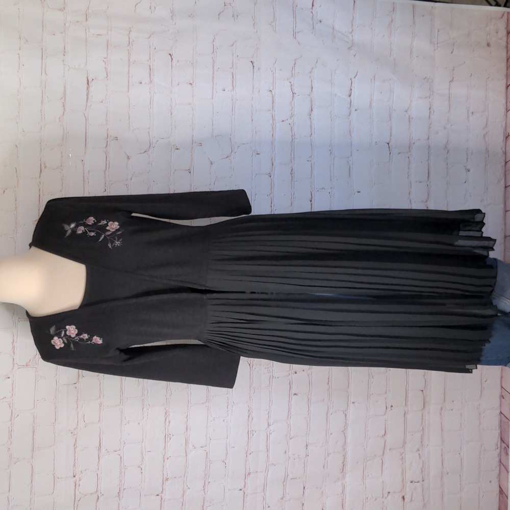 LAUREN CONRAD Open Front Long Cardigan Beaded Floral Accent Black Sweater